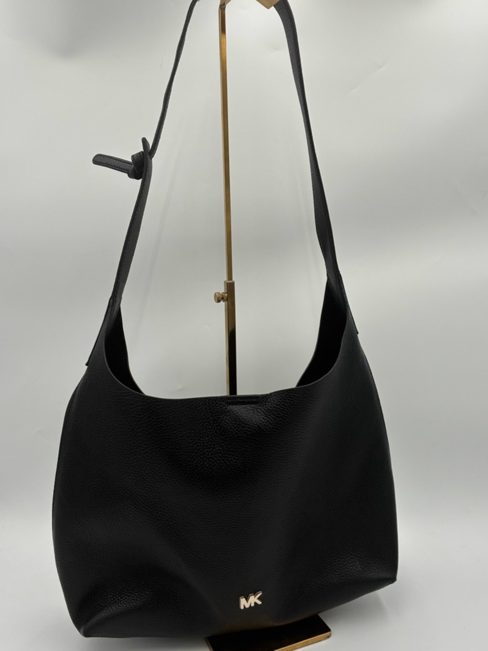 Michael Kors Black Pebbled Leather Shoulder Hobo with Gold MK Accent